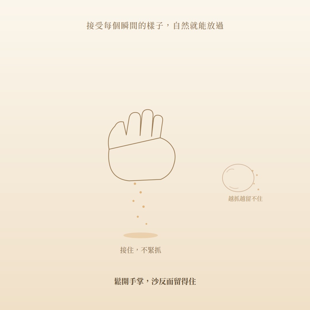 接受每個瞬間的樣子,自然就能放過——接住,不緊抓;鬆開手掌,沙反而留得住