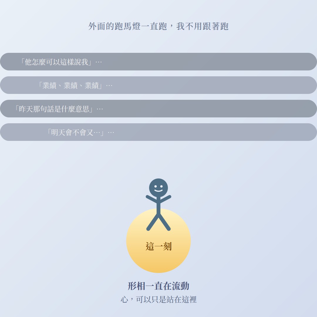 外面的跑馬燈一直跑，我不用跟著跑——形相一直在流動，心，可以只是站在這裡